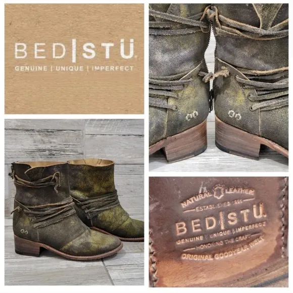 BED STU Boots EVERETT Haze Sailor Khaki Green Gold Suede Leather Back Zip Size 8