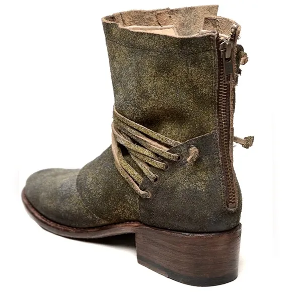 BED STU Boots EVERETT Haze Sailor Khaki Green Gold Suede Leather Back Zip Size 8