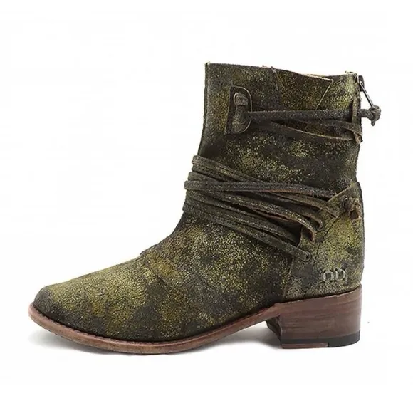 BED STU Boots EVERETT Haze Sailor Khaki Green Gold Suede Leather Back Zip Size 8
