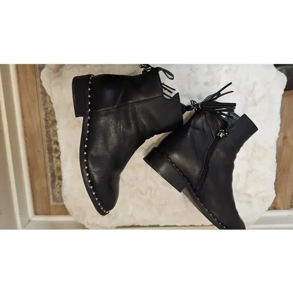 Belle Black Leather Studded Ankle Boots with Tassel Size 230