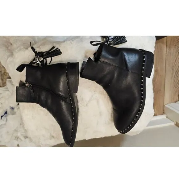 Belle Black Leather Studded Ankle Boots with Tassel Size 230