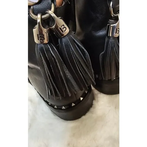 Belle Black Leather Studded Ankle Boots with Tassel Size 230
