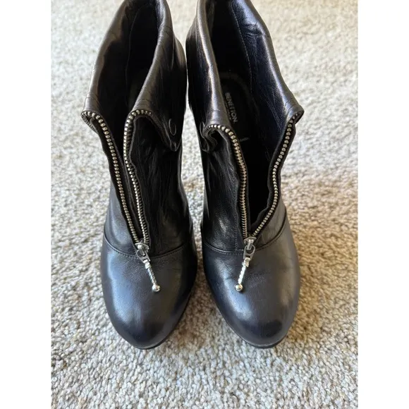 Benetton Black Leather Ankle Boots Zip Up Stiletto Heels Size 8.5