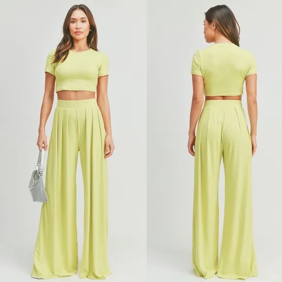 BEST SELLER &quot;Bon Voyage&quot; Lime Crop Top &amp; High Waist Pants Set