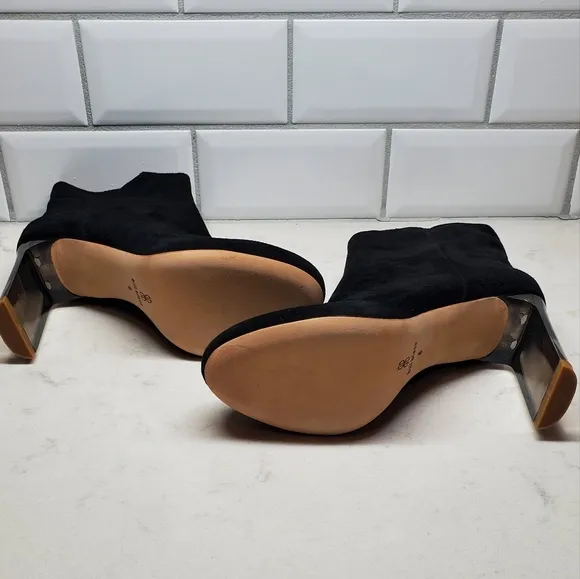 Bill Blass Inez Black Suede Clear Heel Booties Boots (Size 6 US) - NWOT