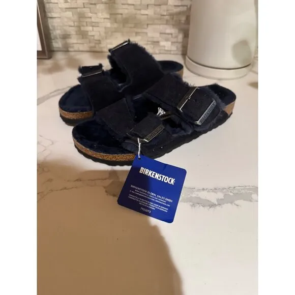 Birkenstock Arizona Shearling Sandals Size 37 US 6 Narrow Dark Blue Suede NWT