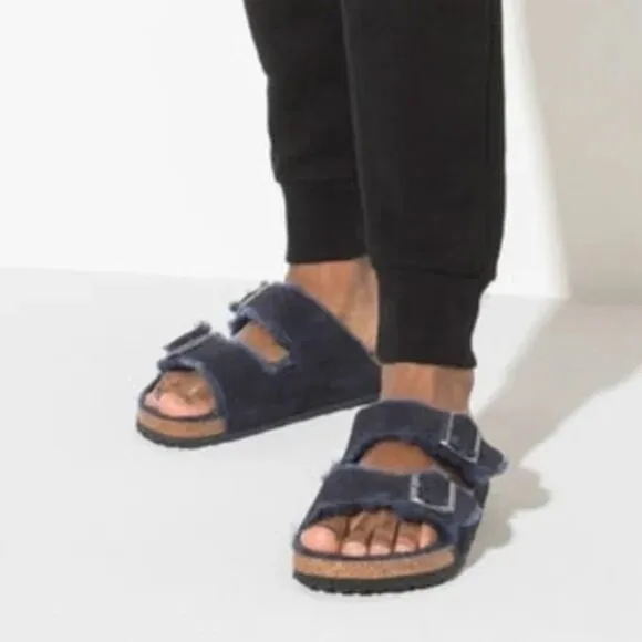 Birkenstock Arizona Shearling Sandals Size 37 US 6 Narrow Dark Blue Suede NWT
