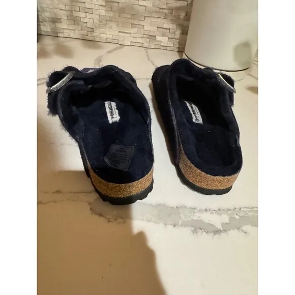 Birkenstock Arizona Shearling Sandals Size 37 US 6 Narrow Dark Blue Suede NWT