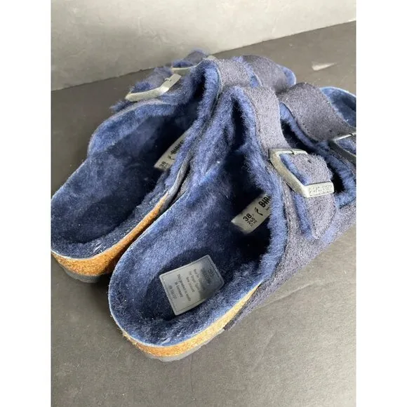 Birkenstock Arizona Shearling Sandals Size 38 US 7 Narrow Dark Blue Suede NWT