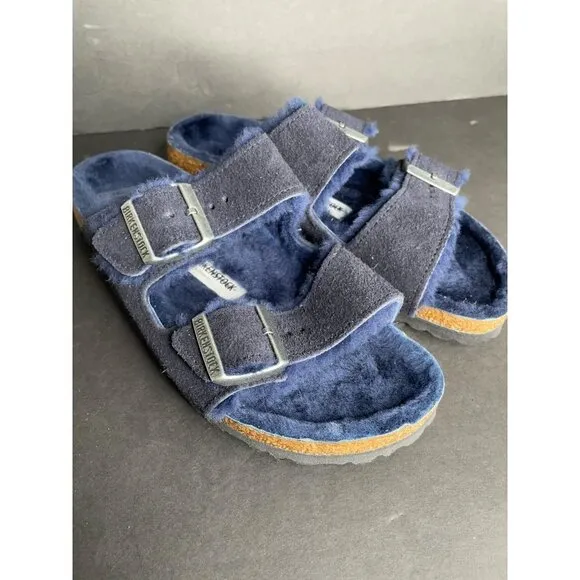 Birkenstock Arizona Shearling Sandals Size 38 US 7 Narrow Dark Blue Suede NWT