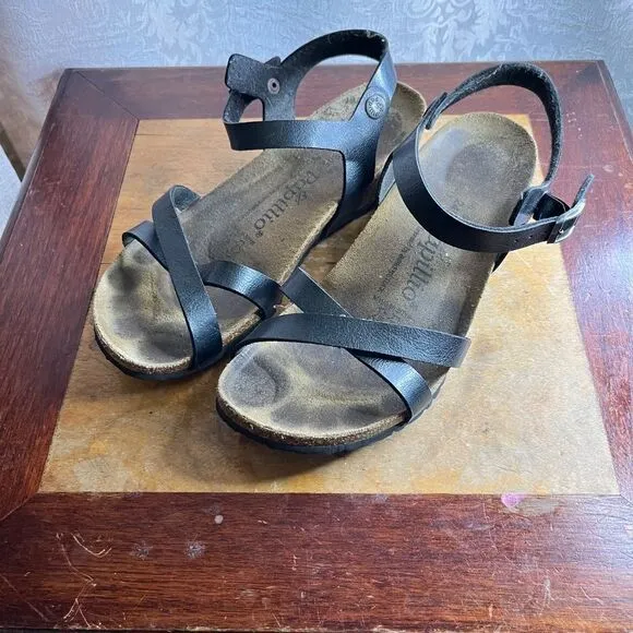Birkenstock Black Leather Wedges Papillio 38  5.0  245. LT. M5 Sandals Strappy