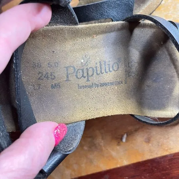 Birkenstock Black Leather Wedges Papillio 38  5.0  245. LT. M5 Sandals Strappy