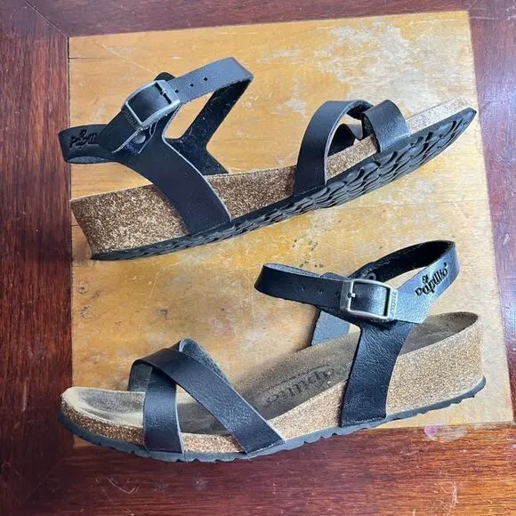 Birkenstock Black Leather Wedges Papillio 38  5.0  245. LT. M5 Sandals Strappy