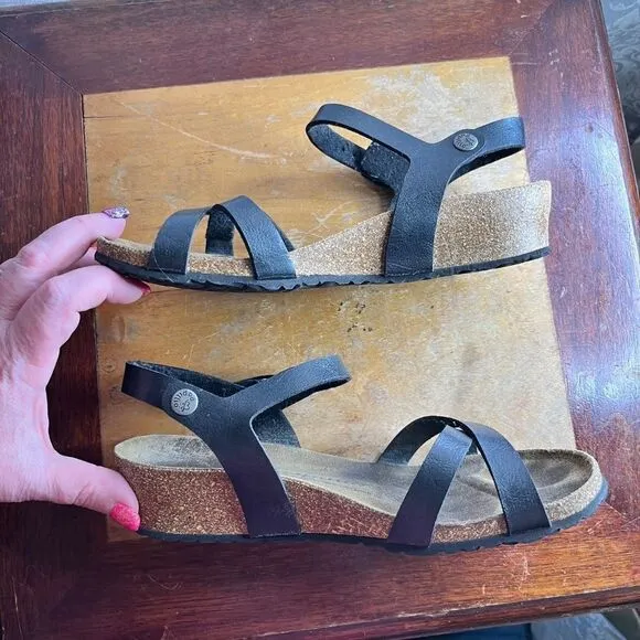 Birkenstock Black Leather Wedges Papillio 38  5.0  245. LT. M5 Sandals Strappy