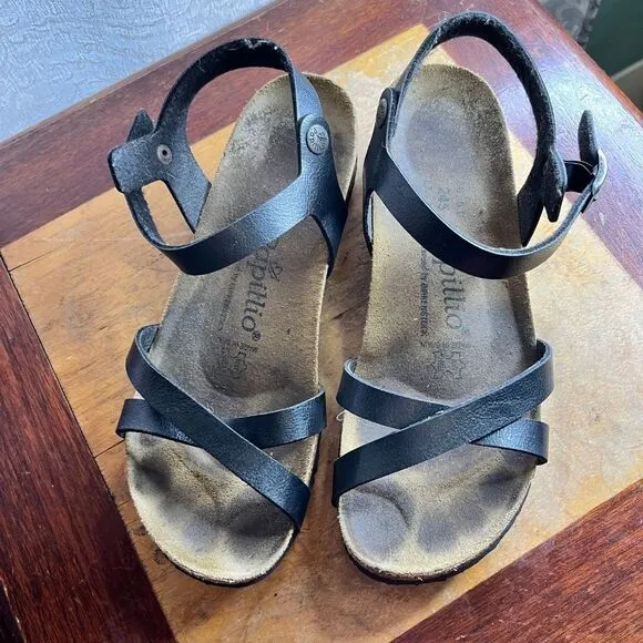 Birkenstock Black Leather Wedges Papillio 38  5.0  245. LT. M5 Sandals Strappy