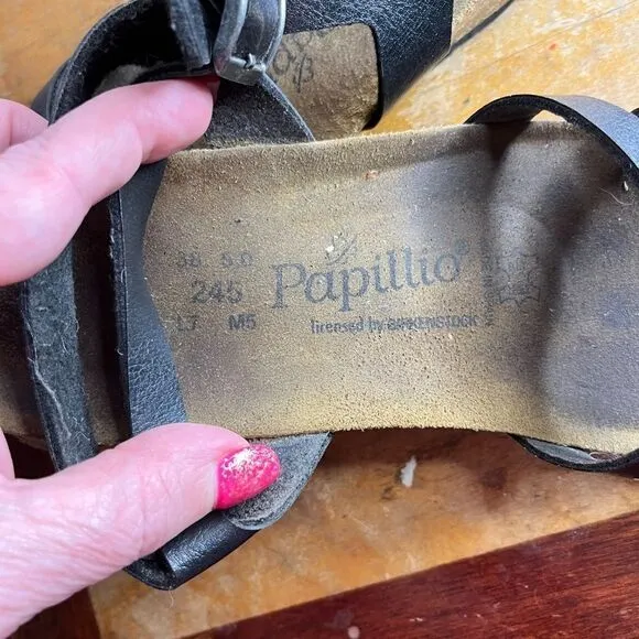 Birkenstock Black Leather Wedges Papillio 38  5.0  245. LT. M5 Sandals Strappy