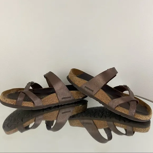 BIRKENSTOCK Brown Leather Mayari Golden Brown Birko-Flor Strappy Sandals