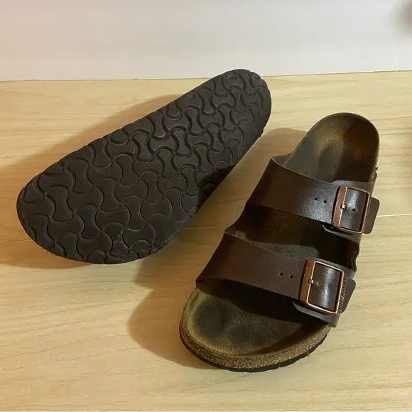 Birkenstock Brown Leather Sandals Slip On Lounge Casual Double Strap Sz 12-12.5