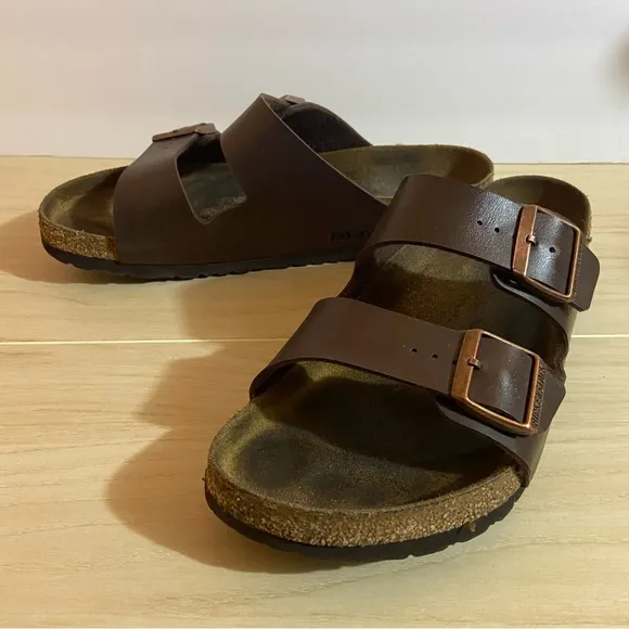 Birkenstock Brown Leather Sandals Slip On Lounge Casual Double Strap Sz 12-12.5