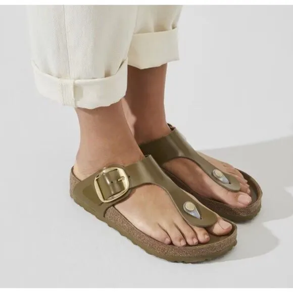 Birkenstock Gizeh Sandals Big Buckle Patent Leather High Shine Green US 7 EU 38