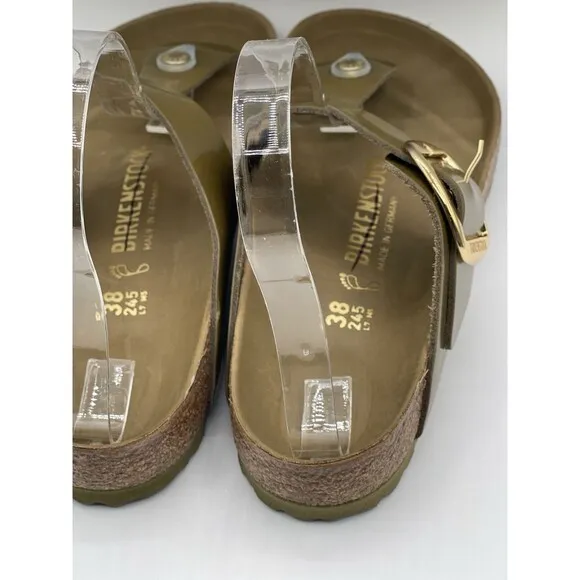 Birkenstock Gizeh Sandals Big Buckle Patent Leather High Shine Green US 7 EU 38