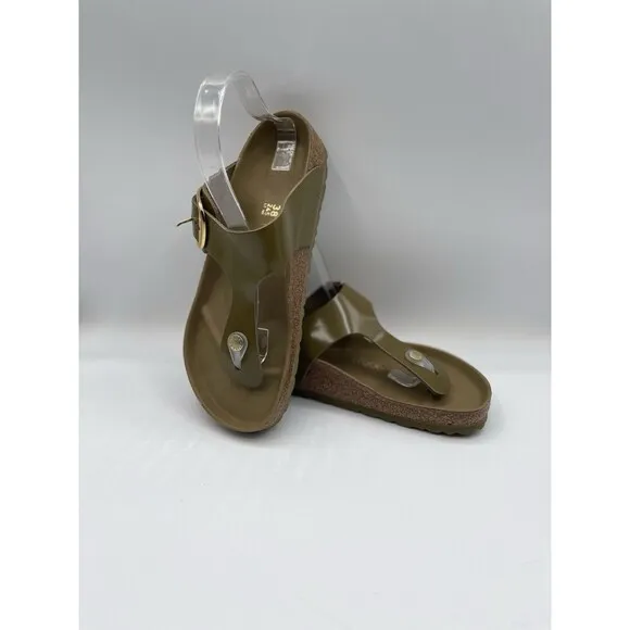 Birkenstock Gizeh Sandals Big Buckle Patent Leather High Shine Green US 7 EU 38