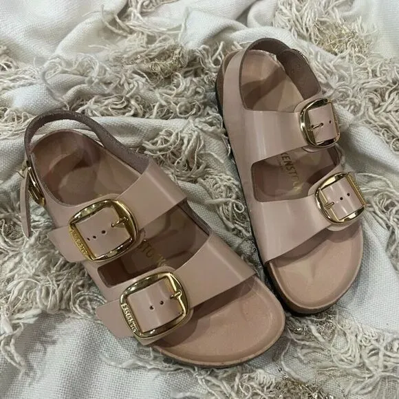Birkenstock Milano Big Buckle High Shine Beige Leather Sandals  Size 40