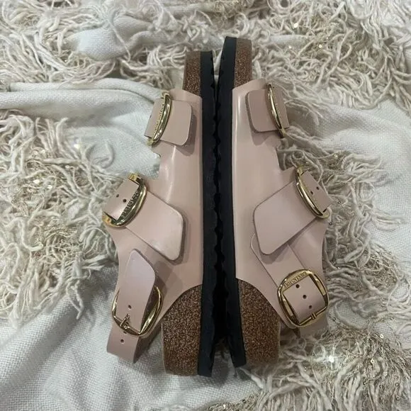 Birkenstock Milano Big Buckle High Shine Beige Leather Sandals  Size 40