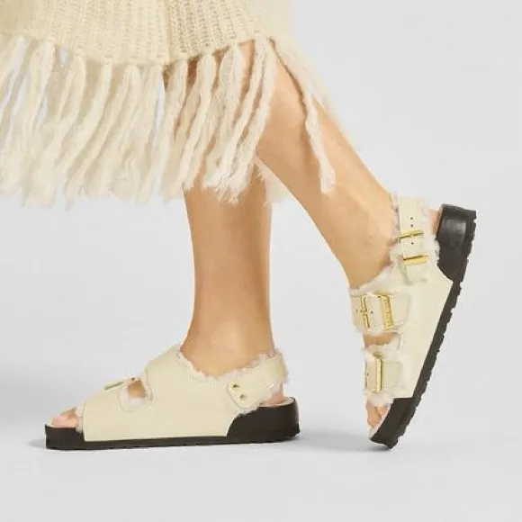 Birkenstock Milano Shearling High Shine Ecru Sandals