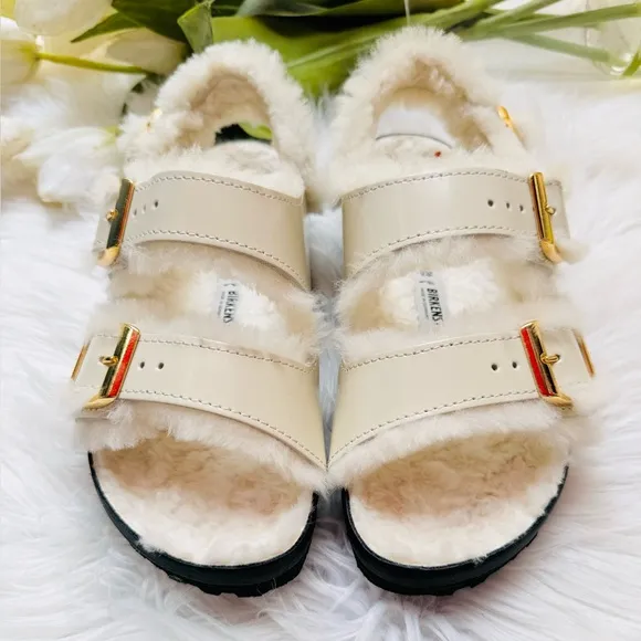 Birkenstock Milano Shearling High Shine Ecru Sandals