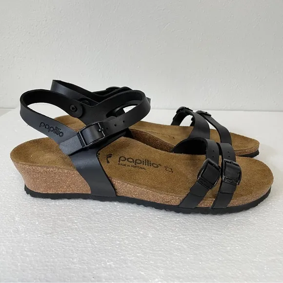 Birkenstock Papillio black Lana Leather wedge sandals classic heel size 42 US 11