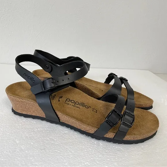 Birkenstock Papillio black Lana Leather wedge sandals classic heel size 42 US 11