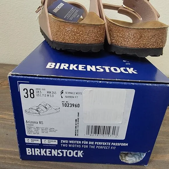 Birkenstock Sz 38 or W 7 Arizona Copper Leather Classic Sandals Narrow Fit NEW