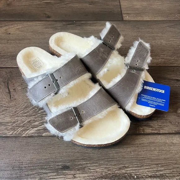 Birkenstocks Arizona Shearling Suede Leather Sandals Gray Size 11W/9M NEW
