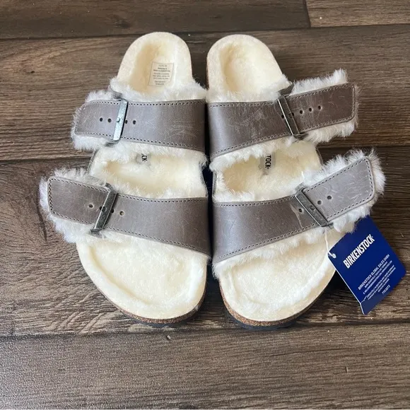 Birkenstocks Arizona Shearling Suede Leather Sandals Gray Size 11W/9M NEW