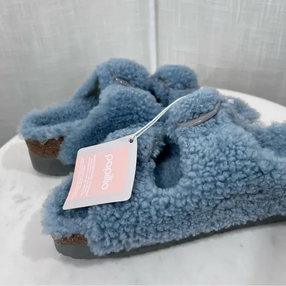 Birkenstocks NWT Papillio Platform Arizona Teddy Slide Sandals Blue Size 38/7