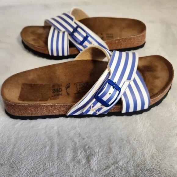 Birkis Womens Siena Sandals Cross Over Adjustable White Blue Striped Size  6-6.5