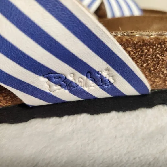 Birkis Womens Siena Sandals Cross Over Adjustable White Blue Striped Size  6-6.5