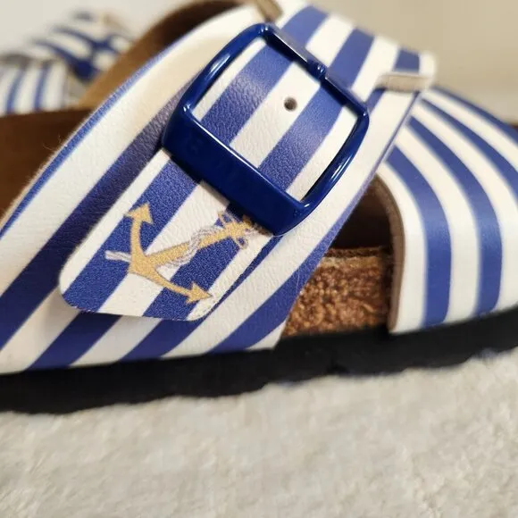 Birkis Womens Siena Sandals Cross Over Adjustable White Blue Striped Size  6-6.5
