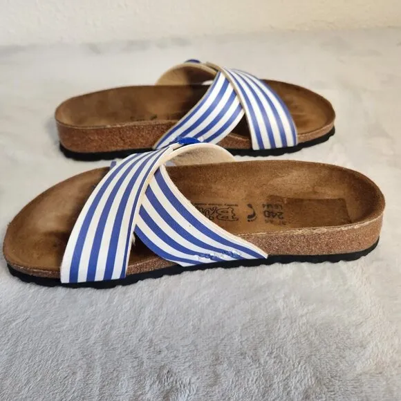 Birkis Womens Siena Sandals Cross Over Adjustable White Blue Striped Size  6-6.5