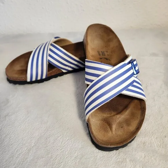 Birkis Womens Siena Sandals Cross Over Adjustable White Blue Striped Size  6-6.5