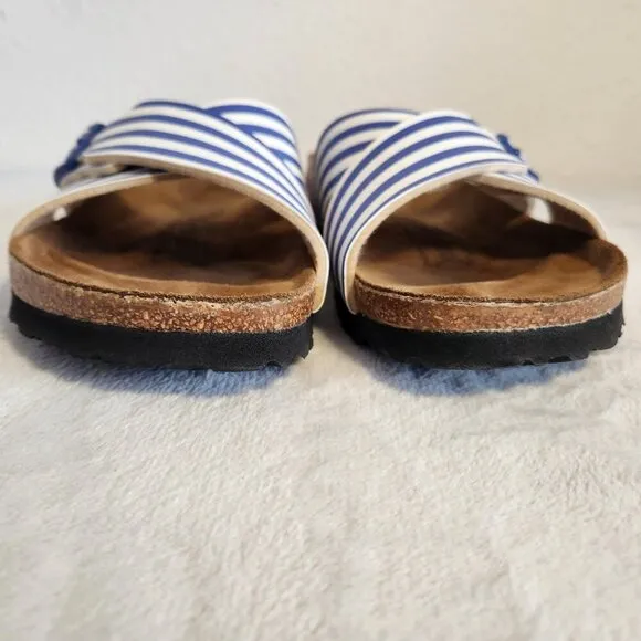 Birkis Womens Siena Sandals Cross Over Adjustable White Blue Striped Size  6-6.5