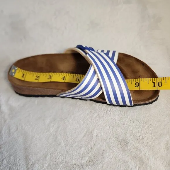 Birkis Womens Siena Sandals Cross Over Adjustable White Blue Striped Size  6-6.5