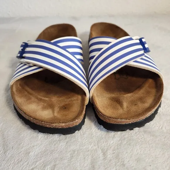 Birkis Womens Siena Sandals Cross Over Adjustable White Blue Striped Size  6-6.5