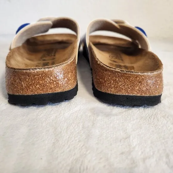 Birkis Womens Siena Sandals Cross Over Adjustable White Blue Striped Size  6-6.5