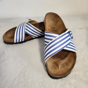Birkis Womens Siena Sandals Cross Over Adjustable White Blue Striped Size  6-6.5