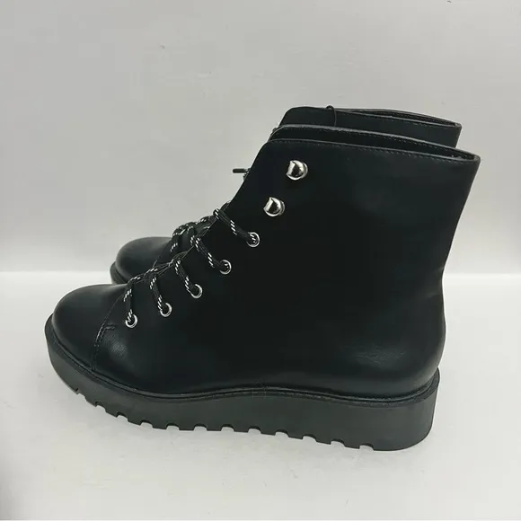 Black platform lace up combat boots faux leather Women Size 8