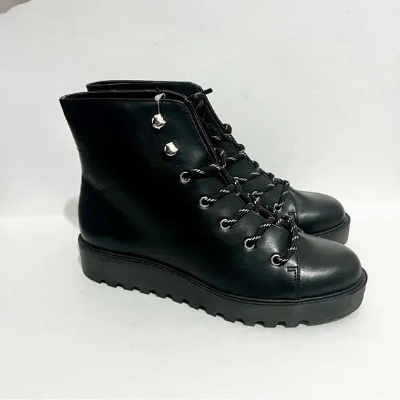 Black platform lace up combat boots faux leather Women Size 8