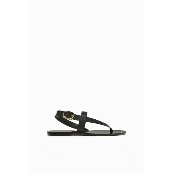 Black Zara Leather Gold Tone Studded Ankle Buckle Closure Flat Sandals (NWT)
