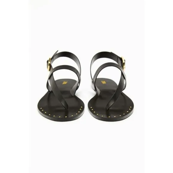 Black Zara Leather Gold Tone Studded Ankle Buckle Closure Flat Sandals (NWT)